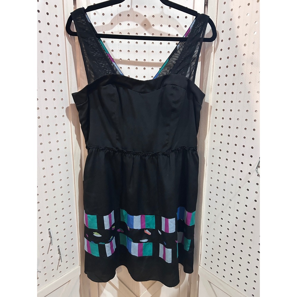 BCBG Generation Black Mesh Strap Geometricâ Print Ruffle Hem Dress Size 10